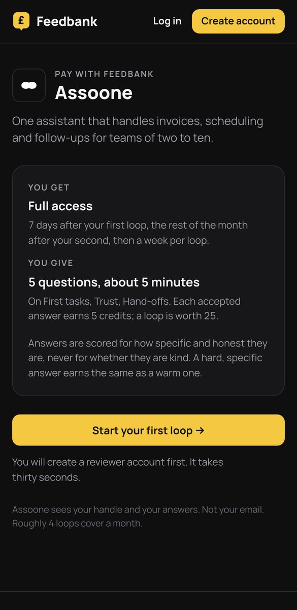 Assoone's door on a phone: Pay Assoone with Feedbank, what you get, what you give, and the button to start the first loop