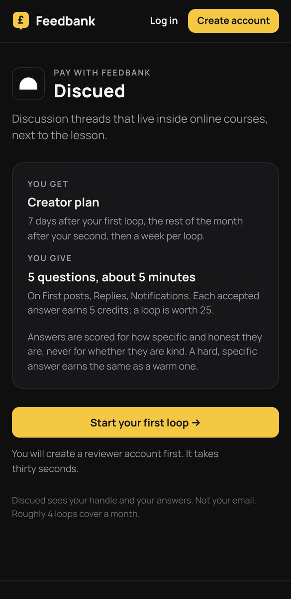 Discued's door on a phone: Pay Discued with Feedbank, what you get, what you give, and the button to start the first loop