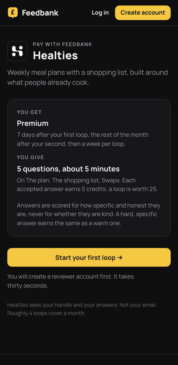 Healties's door on a phone: Pay Healties with Feedbank, what you get, what you give, and the button to start the first loop