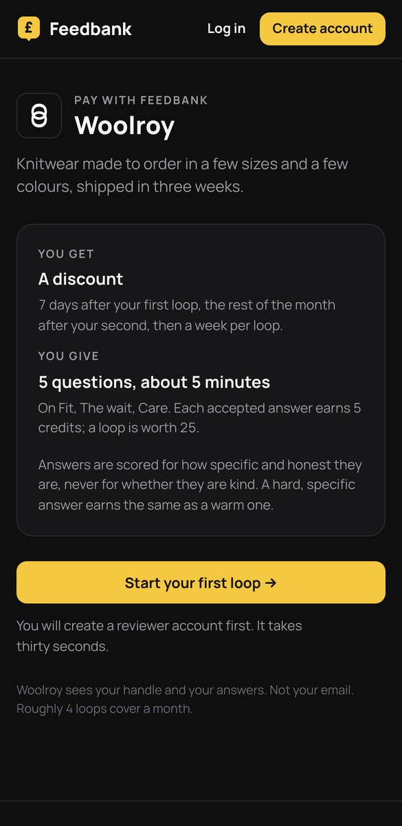 Woolroy's door on a phone: Pay Woolroy with Feedbank, what you get, what you give, and the button to start the first loop
